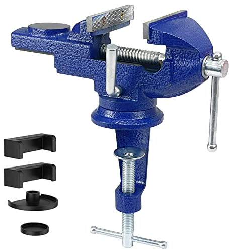 Sutekus Home Vise Clamp-On Vise Heavy Duty Bench Vise Universal Table Vise 360°Swivel Base Work Bench Vise for Woodworking, Cutting Conduit, Drilling, Metalworking (3 Blue)