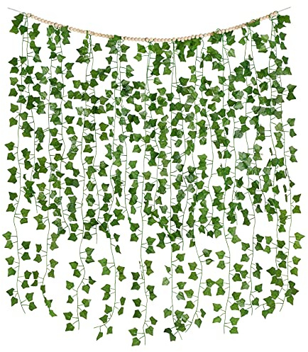 Mkono Hanging Fake Vines for Bedroom Wall Decor Artificial Plant Leaves with Wood Beads Set Indoor Greenery Ivy Garland for Living Room Apartment Christmas Wedding Party Teen Girl Room
