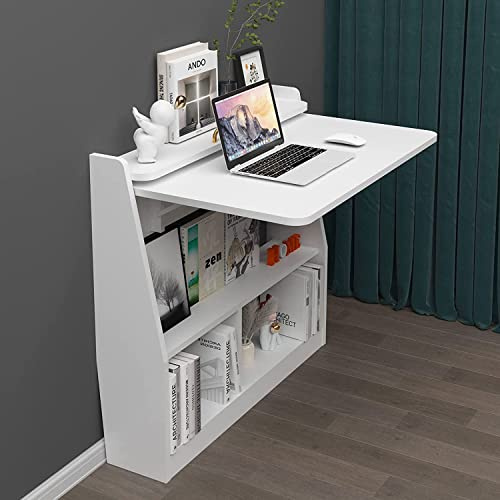 Pmnianhua Wall Mounted Drop-leaf Table, Wooden Laptop Desk, Foldable Hanging Table Shelf, Multifunctional Computer Workstation with Storage Compartments in Home Office for Space Saving (White)