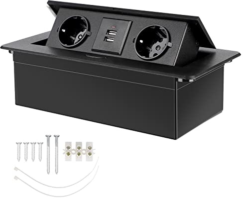 CPROSP Presa da incasso, 2 scomparti con 2 porte USB, con cablaggio interno, multipresa integrata, con coperchio, nero, pieghevole, per cucina, ufficio, banco di lavoro, ecc