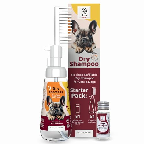 ITSY Pets Refillable Dry Shampoo for Dogs & Cats - No Rinse Waterless Foam with Comb Applicator & Concentrate Refill - Detangler for All Breeds (Starter Pack)