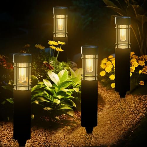 Kimuwote Luces Solares LED Exterior Jardin, 4 Piezas Lampara Exterior IP65 Impermeable Blanco Cálido para Césped, Patio, Camino, Escalón, Paisaje
