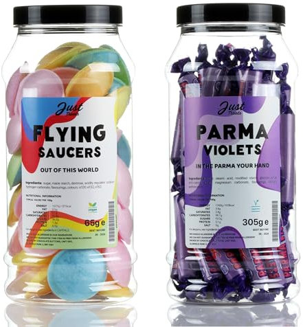 Just Treats Parma Violets and Flying Saucers - Sweet Gift Jars of Elegant Parma Pairing - 25,13