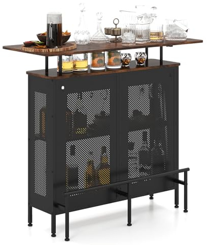 GIANTEX Mesa De Bar De Cocina Con Espacio De Almacenamiento, Barra De Bar Con Reposapiés Y Armario, Encimera Vintage Con Marco De Metal Y Estantería, Color Marrón Rústico, Tamaño 120 X 50 X 107 Cm