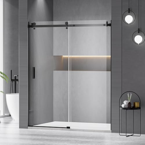 56-60 W x 72 H Shower Door,Frameless Sliding Shower Door with 1 Handle,Shower Glass Door with 5/16 (8mm) Clear SGCC Tempered Glass, Stainless Steel Hardware,Matte Black