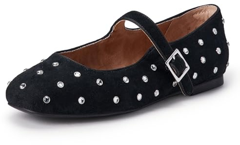 Amazon Essentials Women's Mary Jane Ballet Flat, Black Faux Suede/Crystals, 9