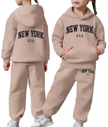 DFEK Tracksuit Full Set Boys Girls with Kangaroo Pocket On Hoodie and Joggers, Kids 2 Piece Sweatpants Bottom Jogging Pants Athletic Wear for School and Casual Activities Age (12-13 Years,Khaki)