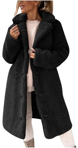 Keepink Winter Coats for Women UK Ladies Faux Furry Coat Long Sleeve Notch Collar Plush Long Jacket Loose Button Down Cardigan Fuzzy Sherpa Warm Outwear Business Casual Overcoat