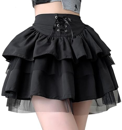 LUKIUP Abbigliamento Gotico da Donna Minigonna Svasata, L/XL Minigonna a Vita Alta con Coulisse e Bordo a Maglia, Gonna Gotica Regolabile, Gonna a Balze da Ragazza per Halloween, Carnevale, Cosplay