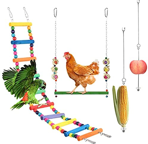 Set di giocattoli di pollo per uccelli di grandi dimensioni, altalena, scala in legno e posatoio, 2 pezzi, mangiatoia per frutta e verdura in metallo per galline, scaletta di pollo per galline posatoi