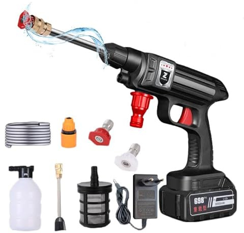 Limpiador de alta presión inalámbrico, 1500 W, portátil a presión, limpiador de alta presión, pistola de lavado de coche con baterías, 6 en 1 boquilla giratoria, 30 bar, manguera de 5 m, para coches