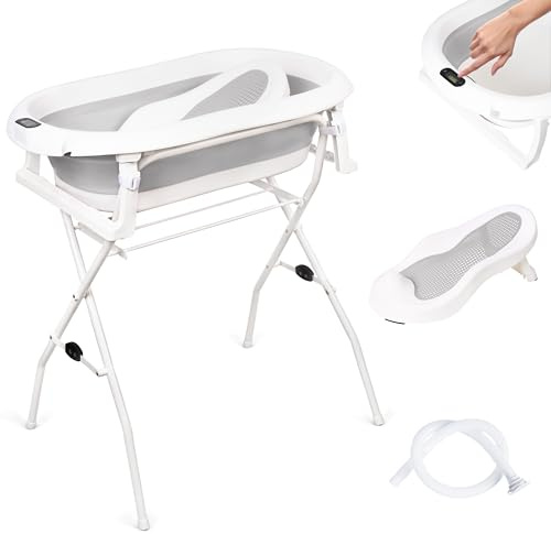 moovkee. Vasca da bagno per neonati con supporto 80 cm - Vasca da bagno pieghevole grigia con termometro, seggiolino e sistema di scarico - Vasca per neonati con supporto, sicura per il vostro neonato