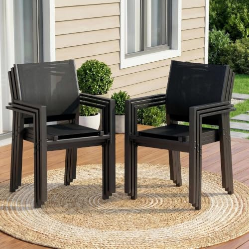 LIFERUN Lot de 6 chaises de Jardin, chaises empilables d'extérieur Respirant avec accoudoirs, Chaise de Salle à Manger en métal et Teslin, pour Jardin, Piscine, terrasse, jusqu'à 120 kg, Noir, 6 PCS