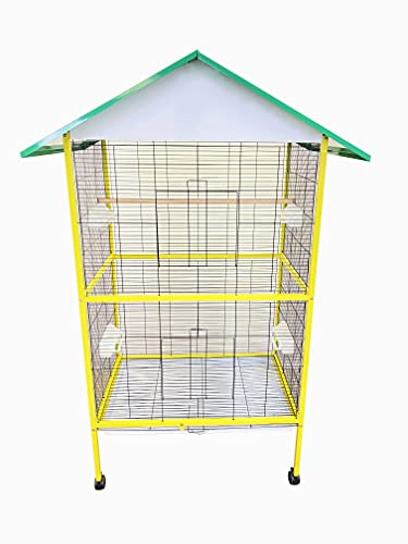 Pet's Solution - Voliera per Uccelli con Carrello, 2 Posatoi in Legno, 4 Mangiatoie, Griglia e Vassoio Estraibile - Giallo e Verde 113,5x78,5x176 cm