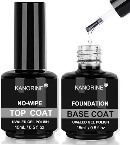 Kanorine 15ml Gel Nail Polishes No Wipe Top Coat and Base Coat Soak Off Nail Lamp uv led Gel Polish Nail Art Manicure Salon DIY Glossy Shine Finish 0.51oz