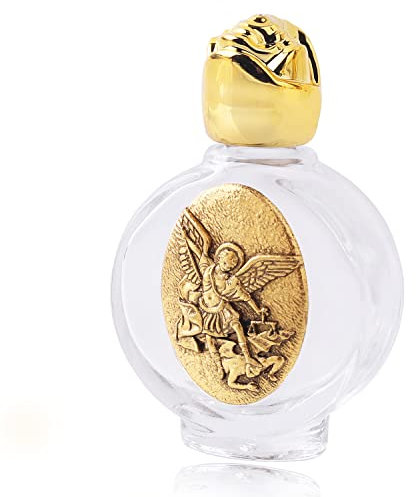 Luomu Botella de agua bendita de vidrio de 14.8 ml con tapa dorada y representación de la Sagrada Familia