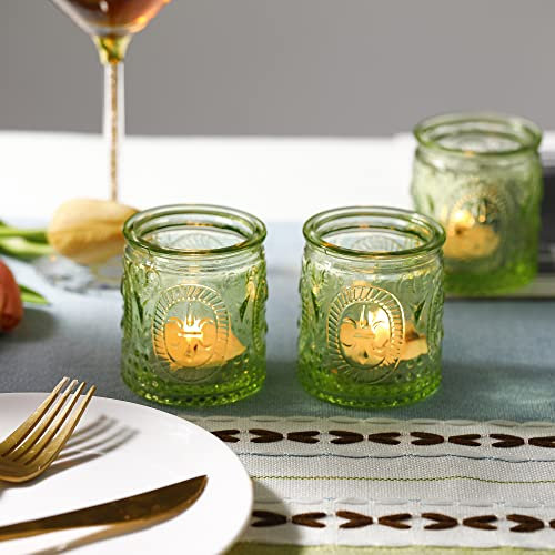 6PCS Glass Tea Light Candle Holders,6.6cm x 5.8cm Vintage Candle Jar, Coloured Tealight Holders, Votive Candle for Indoor, Outdoor, Garden, Dinner, Church, Weddings, Home Décor, Gifts (Olive Green)