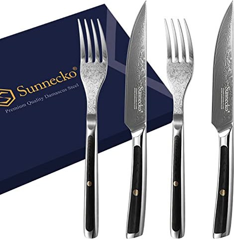 Sunnecko Juego de cubiertos para carne de Damasco, 4 piezas, para 2 personas, con cuchillo, tenedor de carne y asas G10