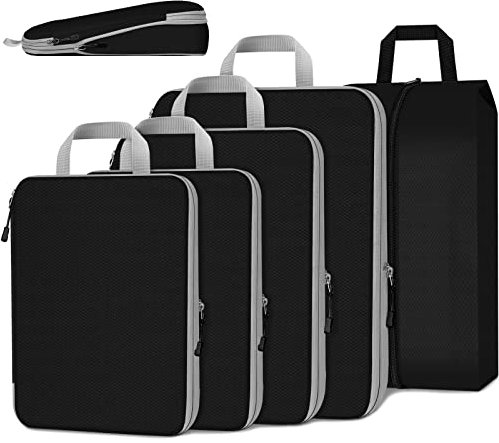 TAMOWA Koffer Organizer Set 5-teilig, Packtaschen mit Kompression, Compression Packing Cubes für Rucksack und Koffer, Packwürfel, Kofferorganizer Reise Kleidertaschen für Kleidung Schuhe Unterwäsche