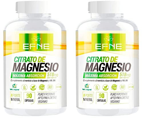 | EFNE | Pack 2 unidades (180 Cápsulas) Complemento de Citrato de Magnesio + Vitamina B6 | 510mg de Magnesio Elemental por Tablet | Reduce Cansancio y Fatiga | Suministro para 100 días | Vegano |