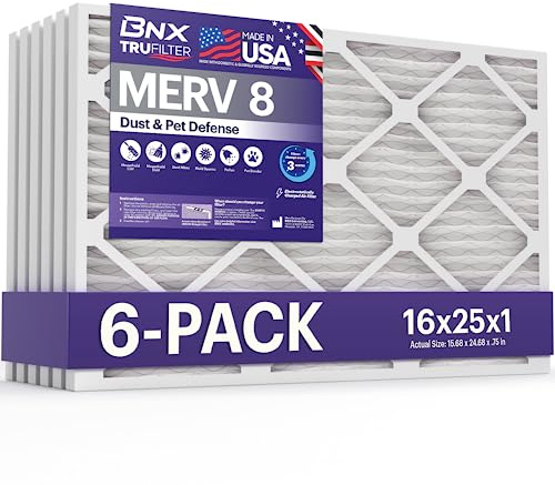 BNX TruFilter 16 x 25 x 1 luftfilter MERV 8 (6-pack) - TILLVERKAD I USA – damm- och husdjursförsvar, elektrostatisk veckad luftkonditionering, HVAC ugnsfilter för damm, husdjur, form, Pollen, MPR 600
