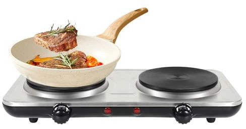 Hot Plates, Uten Double Hotplate, Stainless Steel Premium Hotplate, 5 Levels Separate Thermostat Control, Portable Electric Hob, Overheating Protection, 2000W Hotplates