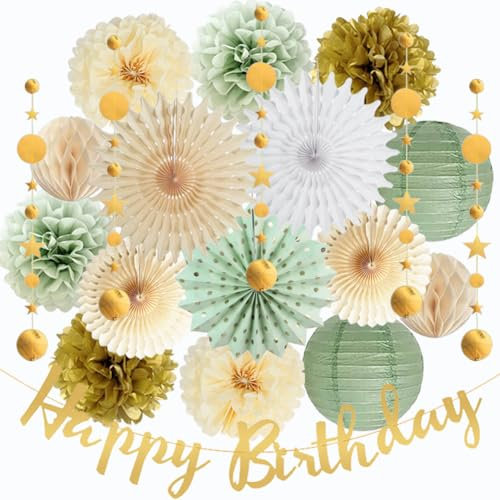 Geburtstag Deko Salbeigrün Grün und Gold Papierfächer Pom Poms Laternen Happy Birthday Banner Gold Sterne Runde Girlande für Frauen Mädchen Geburtstag Dekoration