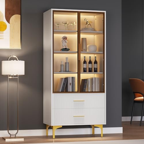 Rtopsu Vitrine Weiß Sideboard Standschrank mit LED-Beleuchtung, Vitrinenschrank Küchenschrank mit Glasstür & 2 Stauraum Schubladen, Glasvitrine Schrank für Wohnzimmer Schlafzimmer, 150x70x35 cm