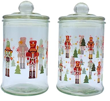 Dekohjälte24 aromburk, matburk, glasbehållare med julmotiv, kakburk med nötknäpparmotiv av glas, H/Ø: 15 x 8 cm, kapacitet 300 ml per glas, leveransomfattning 2 förvaringsburkar.