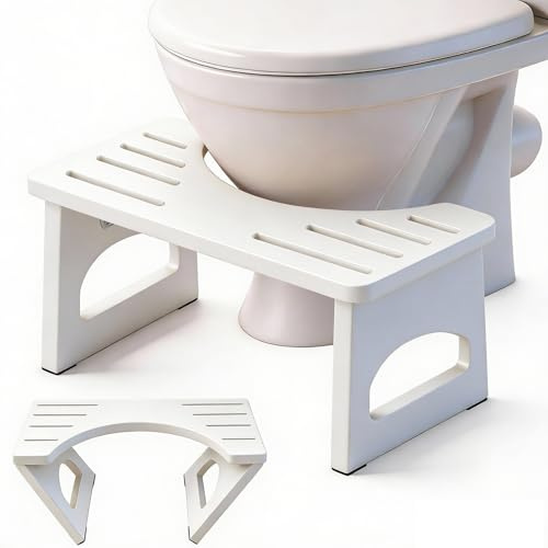 RayLove Toilet Stool, 19 CM Toilet Stools, Portable Folding Wooden Toilet Poop Stool with Non-Slip Mat for Adults, Children (White)