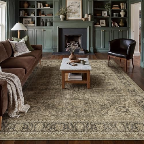 WondRg 8x10 Washable Area Rug Brown Vintage Non Slip Soft Low Pile Rug for Living Room Bedroom Dining Room Office Distressed Oriental Indoor Large Throw Carpet for Home Decor