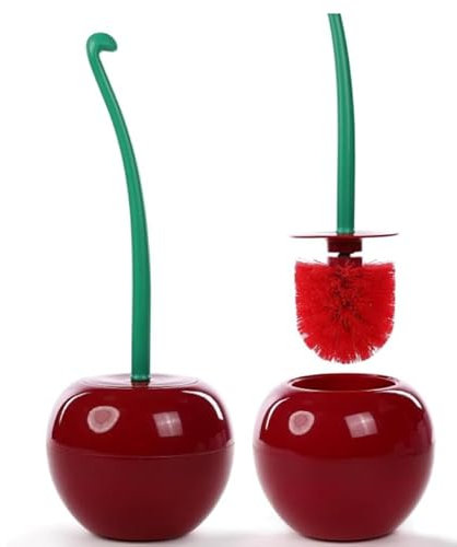 Set scopino per WC in Plastica a Forma di Ciliegia Rosso Ciliegia con Spazzolone e Supporto Bagno