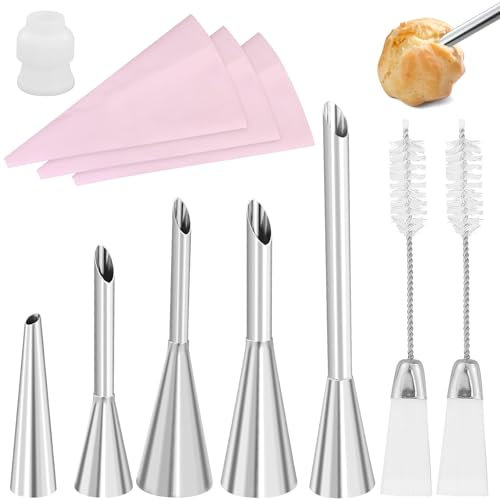 Set 11 Creme Spritzbeutel Nozzle, 5 Tüllen für Spritzbeutel, 3 Spritzbeutel, Spritzbeutel Set, für Cupcake Puffs Füllung Sahne Marmelade，1 Adapter, 2 ReinigungsbüRste
