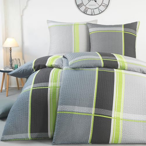 BaSaTex Mikrofaser Seersucker Bettwäsche Set - bügelfreie Microfaser Bettgarnitur Öko-Tex Zertifiziert - 135x200 cm + 80x80 cm - Design: Luca Grau Grün