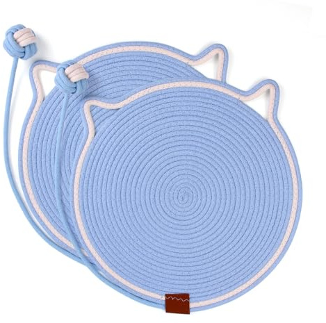 UIOK Tappetino Tiragraffi per Gatti, 2 Pezzi Tappeto Gatto Blu Scratcher Tappetino con Palla Giocattolo, Tappeto AntiGraffio 42 cm Graffiatoio Gatti in Corda di Cotone per Protegge Divani