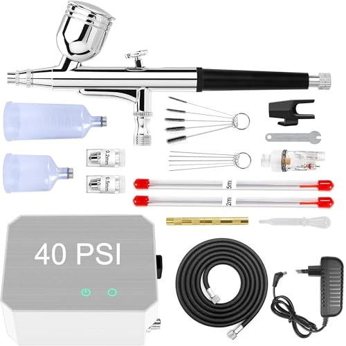 Powate 40 PSI Aerograph, Multi-Function Dual-Action Airbrush Set Compressor avec 0.2/0.3/0.5 mm Buses pour Nail Art, L'artisanat, la Décoration de Gâteaux, Argent