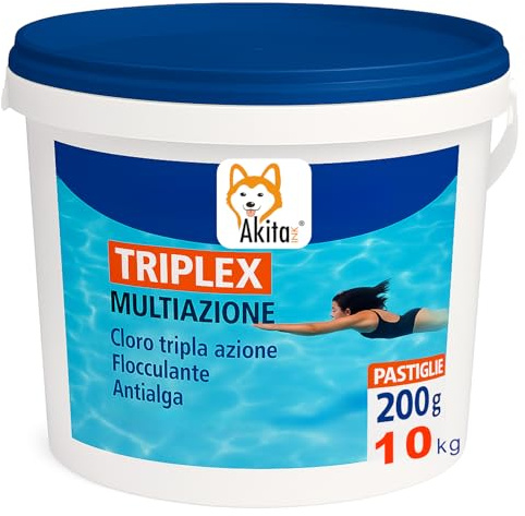 Akitaink Triplex Pastiglie Cloro 3 in 1 per Piscina | Azione Lenta | Disinfettante, Antialghe e Flocculante | Secchio da 10 KG