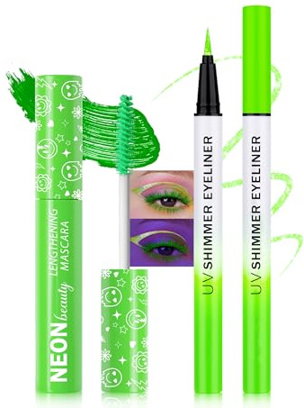 Grün UV Neon Mascara & Eyeliner, Wasserfest Wimperntusche Volume and Lange, Glitter Liquid Eyeliner Bunt, UV Activated Makeup Long Lasting Fluorescent, Festival Zubehör für Weihnachten Karneval Party