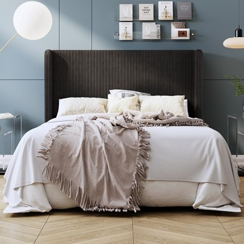 SHA CERLIN Queen Corduroy Platform Bed with Tufted Wingback Headboard/Black