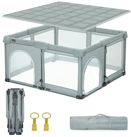Heyo.Ja Parque infantil plegable para bebés, con pop-up desplegable y alfombrilla reforzada, fácil de plegar, rejilla de seguridad para interior y exterior (127 * 127 * 67 cm)