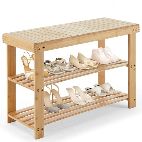 DUMOS Shoe Rack Bench with Storage, 3-Tier Bamboo Entryway Benches, Wooden Shoe Rack Holds Up to 286 lb Storage Organizer, Suitable for Bedroom Living Room Balcony, Classical Wood