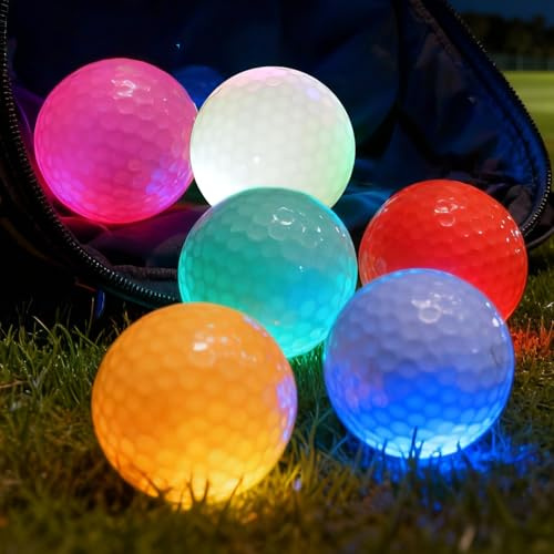 PORFOYO 6 pelotas de golf luminosas, pelotas de golf nocturnas, reutilizables, para entrenamiento nocturno y tiro de larga distancia, rojo, amarillo, verde, azul, blanco, rosa
