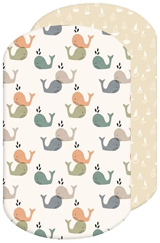 Lovely Hippo Set di 2 lenzuola con angoli per bambini, 100% cotone, 2 x 60 x 80 cm, compatibili con Iora, Sleep Mini, motivo: balena, 60 x 80 cm