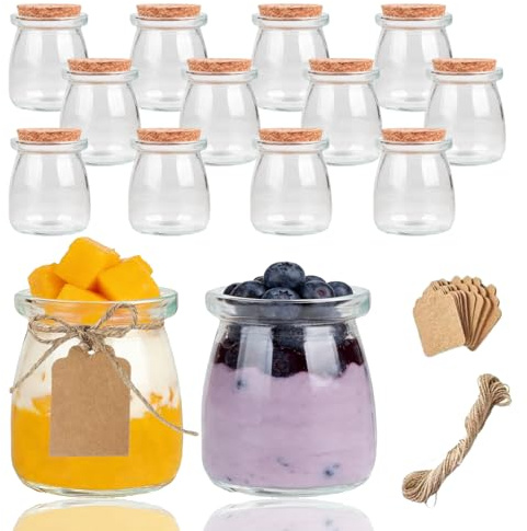 Kiswleon Vasos de yogur con tapa, 200 ml, 12 tarros de postre, tarros transparentes pequeños con etiqueta y cuerda, pequeños para zumo, yogur, mermelada, cereales, miel
