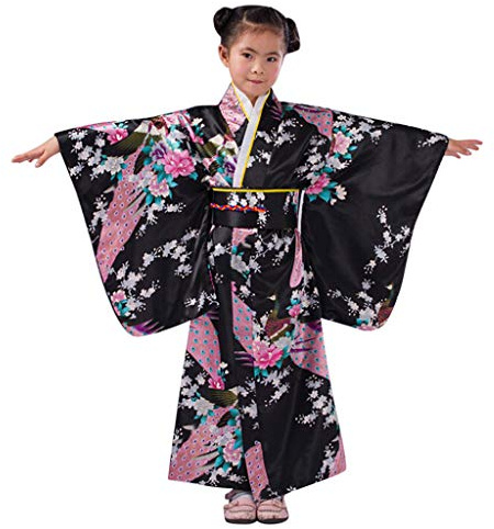 Traditional Japanese Girls' Costume Kimono Robe with Skirt for Children Outfit Festive Dresses (Black, 9-10 Years)