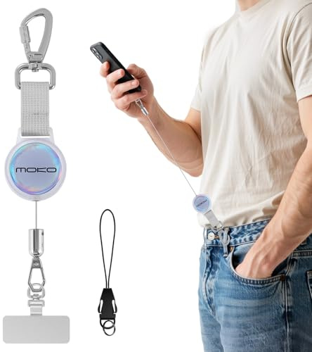 MoKo Anti-theft Phone Tether, Universal Phone Lanyard Retractable Steel Line Cellphone Strap with Locking Carabiner and Metal 360° Tether Tab for Outdoor Hiking Climbing Fishing, Transparent & Silver