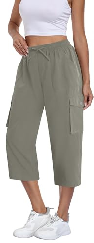Magritta Womens Cargo Trousers Casual Capri Pants Hiking Jogger 3/4 Length Cropped Trousers with Pockets | Summer Outdoor Elastic Waist Combat Trousers, Lightweight 3/4 Length Cropped Trousers with Multi Pockets