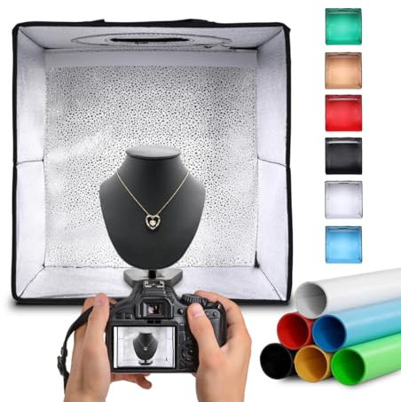 NK Caja de Luz Estudio Fotográfico Plegable (30x30cm) - 3 temperaturas de Luz LED, Brillo Ajustable x10, RA90, Productos pequeños Joyas, Asa para Transporte (6 Fondos de Colores)