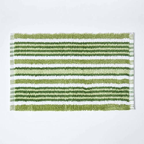 Homescapes waschbare Badematte, handgewebt aus 100% Baumwolle, 40 x 60 cm, Duschvorleger, grün-weiß gestreift