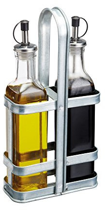 KitchenCraft Industrial Kitchen Vintage-Style Cruet Set with Galvanised Steel Bottle Stand, 13 x 7 x 28 cm (5 x 2.5 x 11)
